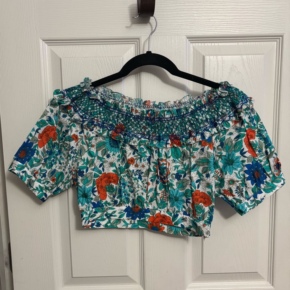 NEW LORETTA CAPONI | Florinda Floral Smocked Cotton Crop Top in Surfinas Sz XS - Picture 2 of 9